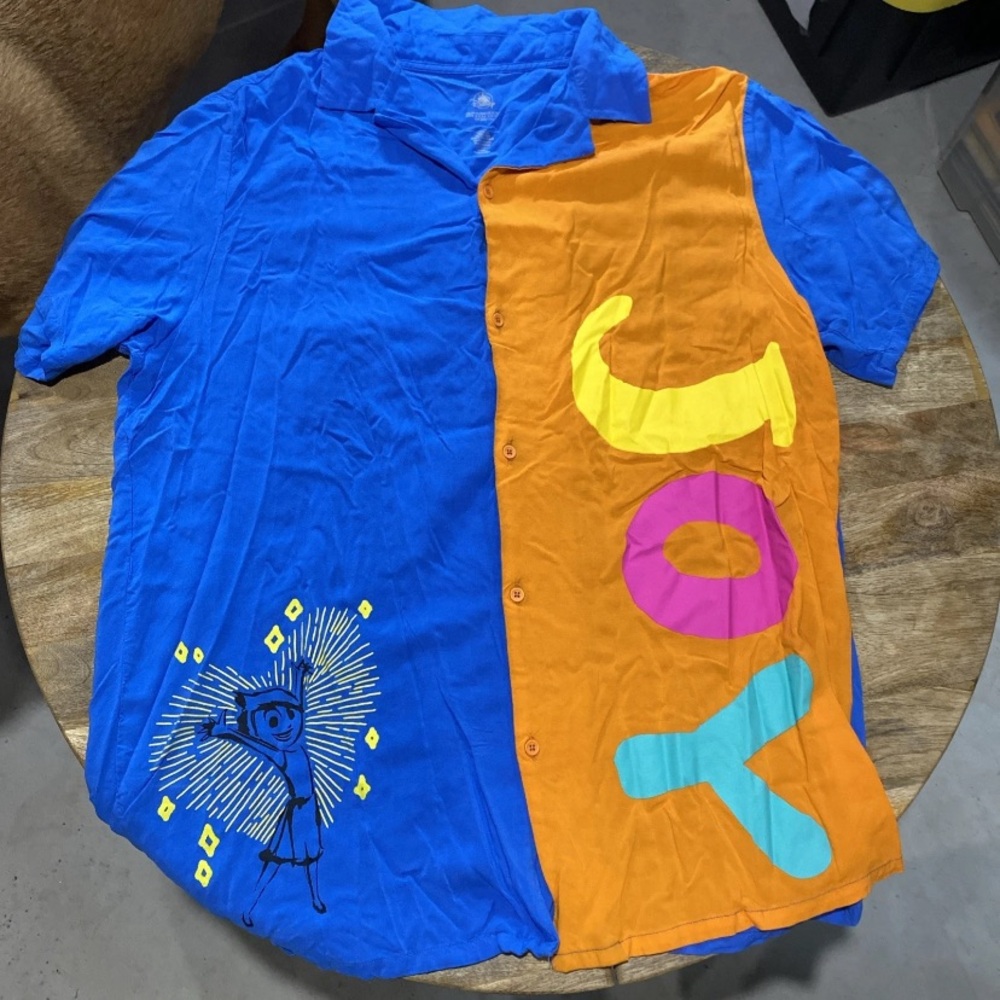 Disney Inside Out Joy Shirt Blue Orange Color Block Button Up Mens Size X Large